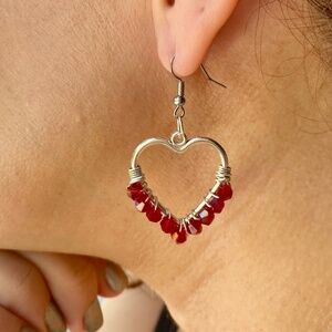 Red Crystal Heart Dangle Earrings in Antique Silver Tone